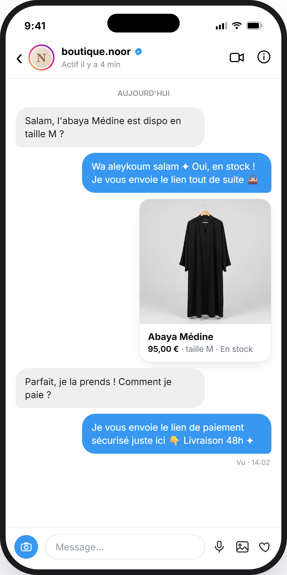 Conversation Instagram : Ihsan répond à un client et envoie le lien produit
